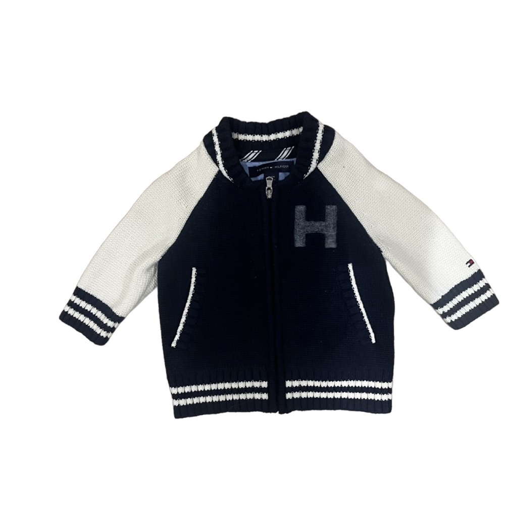 Tommy Hilfiger Navy and White Varsity Sweater Jacket. Toddler 3-6 months